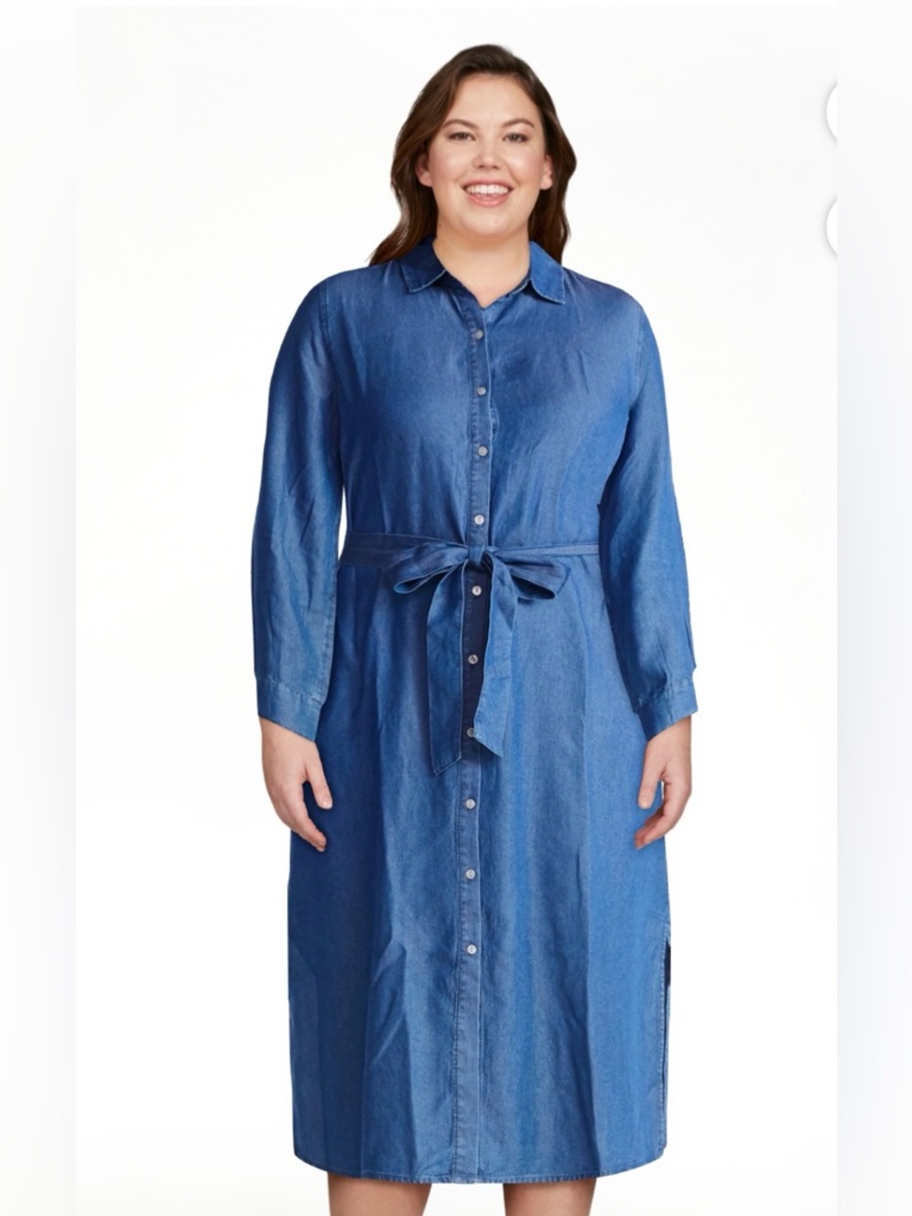Time & Tru XL Midi Button-Front Shirt Dress with Tie Waist - Blue NWT